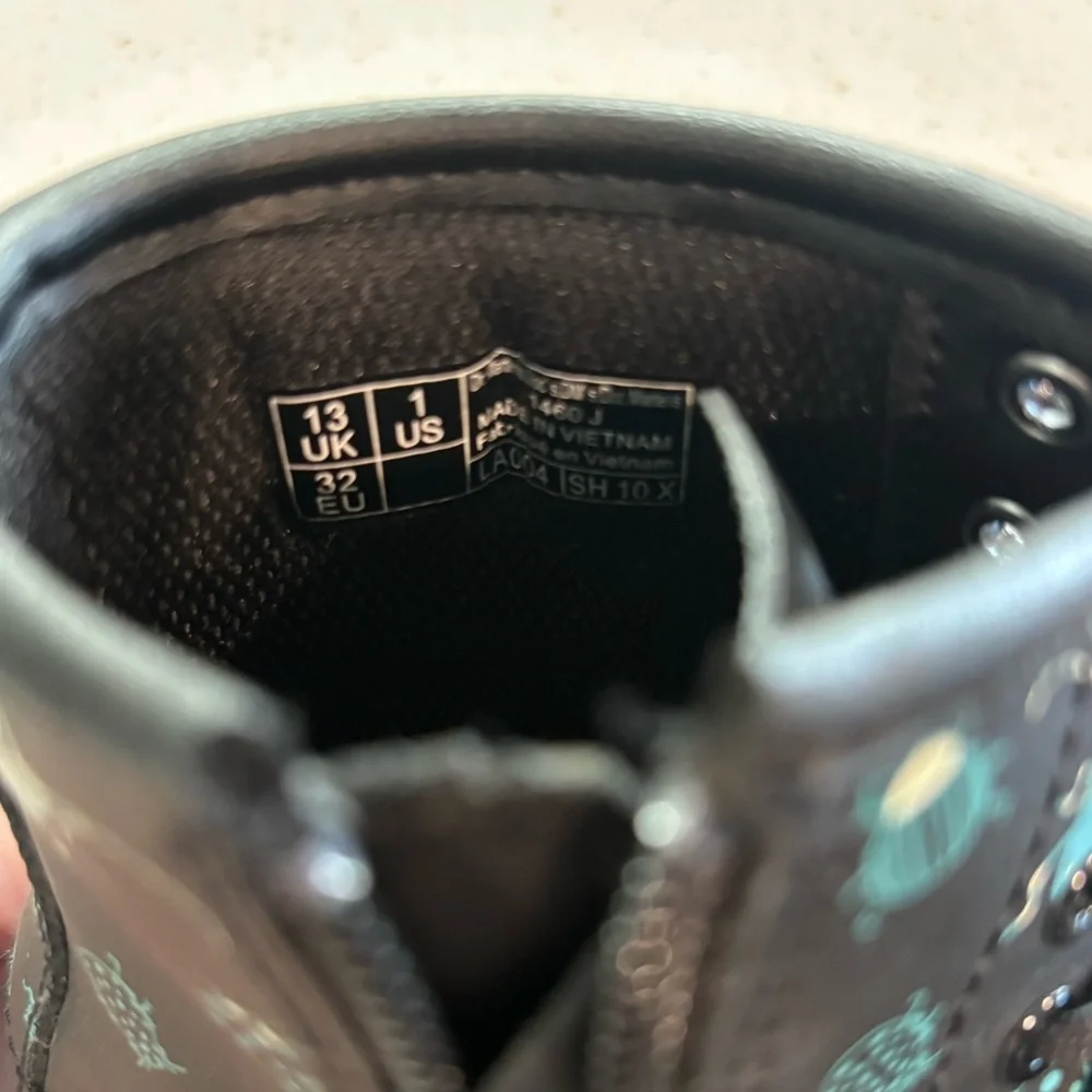 Dr. Martens Kids Black Boots with Teal Bug Print